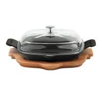 Cast Iron Frying/Grill Pan Integral metal handles, glass lid and wooden platter - LV ECO P TV 2626 K44