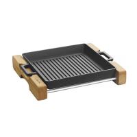 Cast Iron Grill Pan Integral metal handles and wooden service stand - LV ECO GT 2626 T2 K4