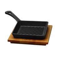 Cast Iron Mini Grill Skillet, Square, and wooden platter - LV ECO P GT 1616 K4