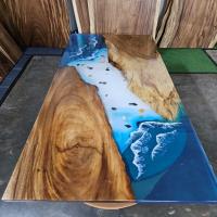 Natural Wood Blue Waves Coastal Ocean Table Epoxy Dining Table Resin Table Living Room Table Kitchen Table Conference Table Console Table Patio Table Coffee Table End Table Bar Counter Table