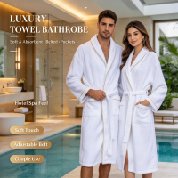 Luxury Towel Bathrobe for Men and Women White Hotel Spa Bathrobe with Gold Trim Soft Absorbent Couple Bathrobe with Belt and Pockets Premium Bathrobe for Hotel, Resort & Spa Use Mixed Gender Bathrobe in Gold Trim & Clean Trim