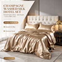 Champagne Washed Silk Hotel Bedding Set Luxury Satin Quilt Set with Duvet Cover & Sheet Elegant Champagne Gold Bed Linen Set Premium Hotel Bedding with Smooth Silk Touch Four-Piece Satin Bed Set for Luxury Bedroom
