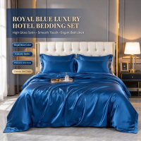 Royal Blue Luxury Hotel Bedding Set High Gloss Satin Quilt Set with Duvet Cover & Sheet Elegant Royal Blue Bed Linen Set Premium Hotel Bedding with Smooth Silk Touch Four-Piece Satin Bed Set for Luxury Bedroom
