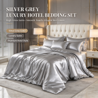 Silver Grey Luxury Hotel Bedding Set High Gloss Satin Quilt Set with Duvet Cover & Sheet Elegant Silver Grey Bed Linen Set Premium Hotel Bedding with Smooth Silk Touch Four-Piece Satin Bed Set for Luxury Bedroom