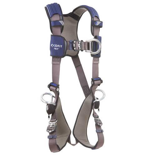 1113085 harness with aluminum front, back and side d-rings, locking quick connect buckles.