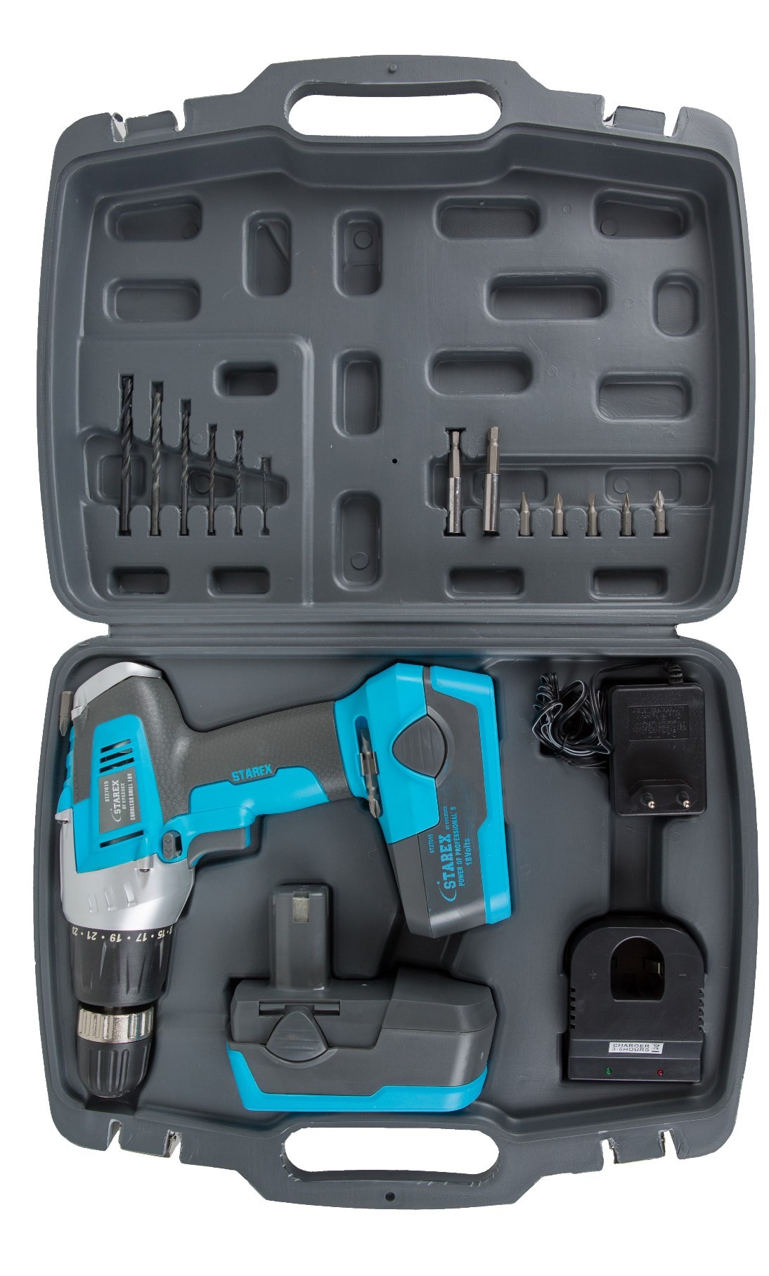Starex cordless drill 18v with extra battery blue/grey body blow case st27015