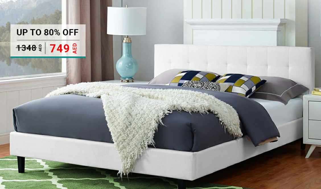 Linen upholstered platform bed from aed 749