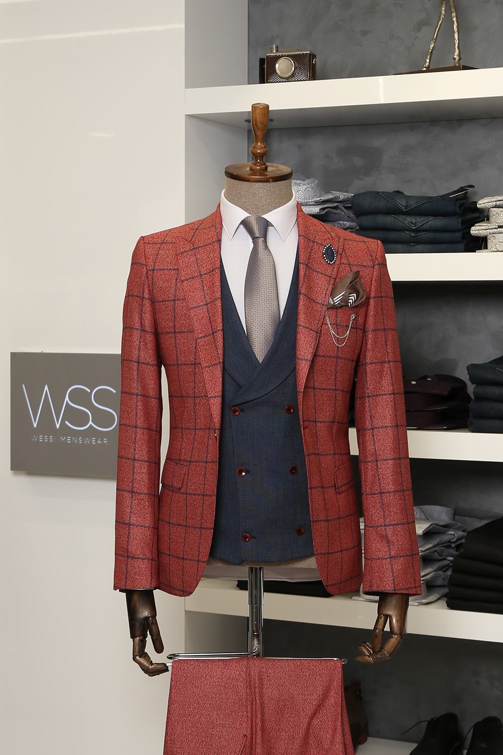 Checked burgundy men's vested suit | clothing supplier