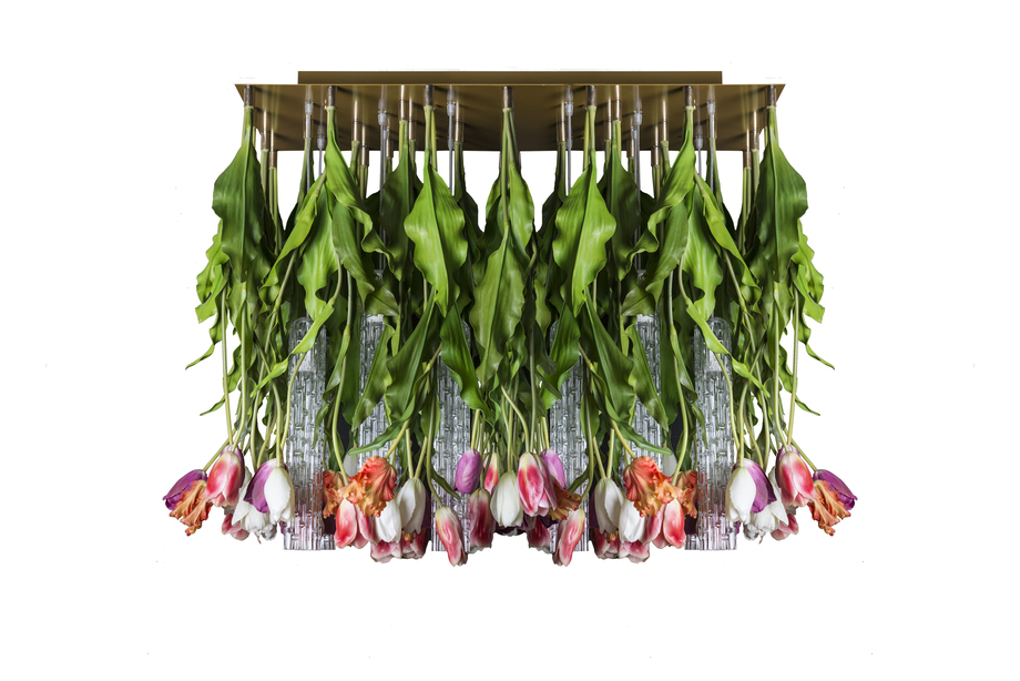 Flower Power Tulip Chandelier, Muranese Glass and Artificial Flowers, Italy