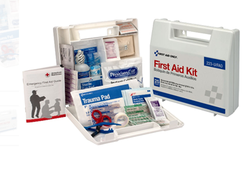 25 person first aid kit, plastic case with dividers– made in usa