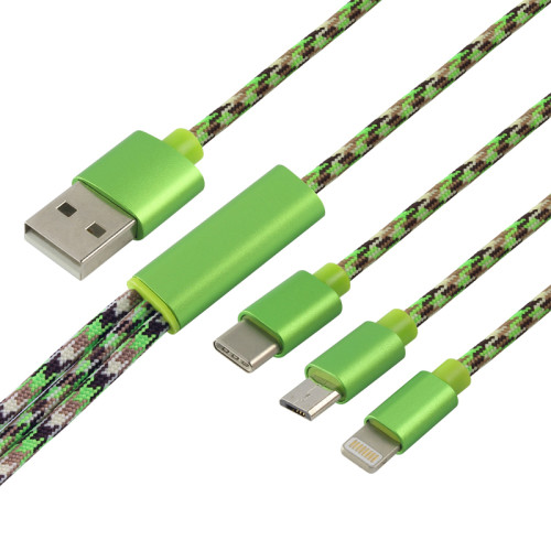 3 in 1 multi function braided universal usb charger cable for iphone 7 6 5, samsung, htc 10 green