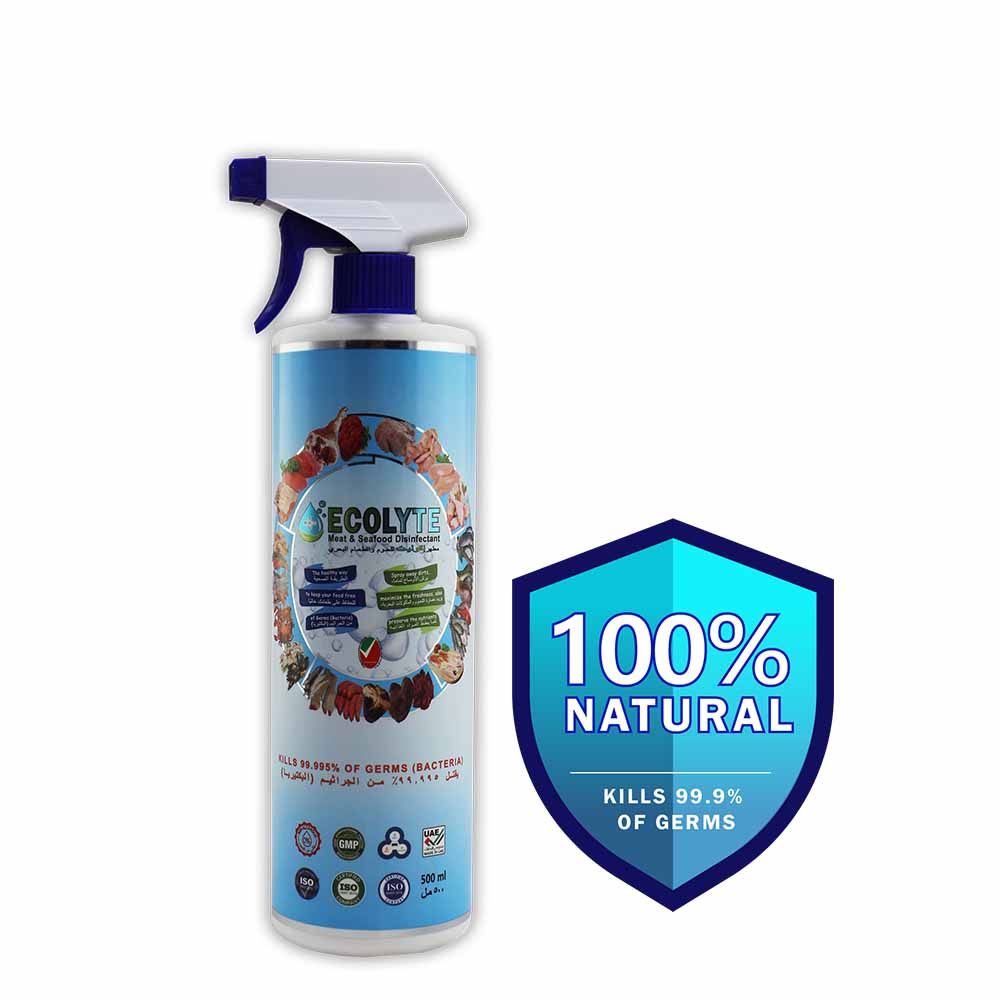 Ecolyte meat & seafood disinfectant 500ml i 100% natural action, removes pesticides & 99.9% germs with pure electrolyzed water, safe to use on meat & seafood, nontoxic and nonalcoholic.