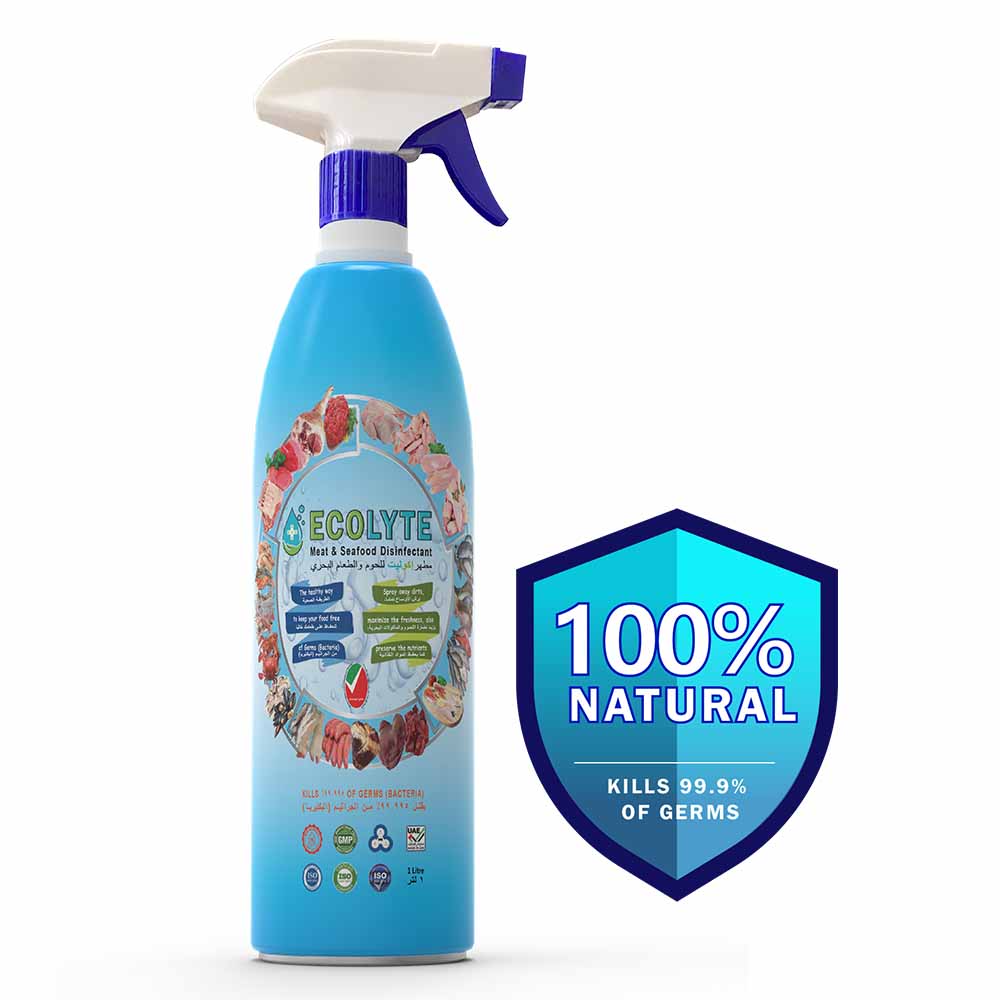 Ecolyte meat & seafood disinfectant 1 litre i 100% natural action, removes pesticides & 99.9% germs with pure electrolyzed water, safe to use on meat & seafood, nontoxic and nonalcoholic.