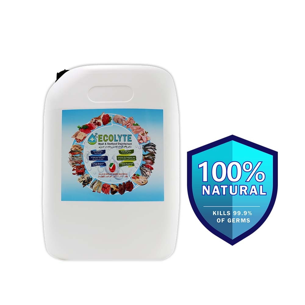 Ecolyte meat & seafood disinfectant 20 litre i 100% natural action, removes pesticides & 99.9% germs with pure electrolyzed water, safe to use on meat & seafood, nontoxic and nonalcoholic.