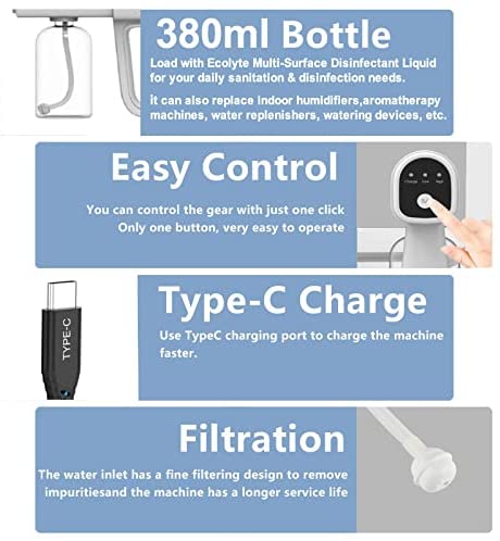 Ecolyte Nano Sprayer, Handheld Rechargeable Blue Light 380ml Atomization Disinfection Gun for Home, School, Office or Garden_4