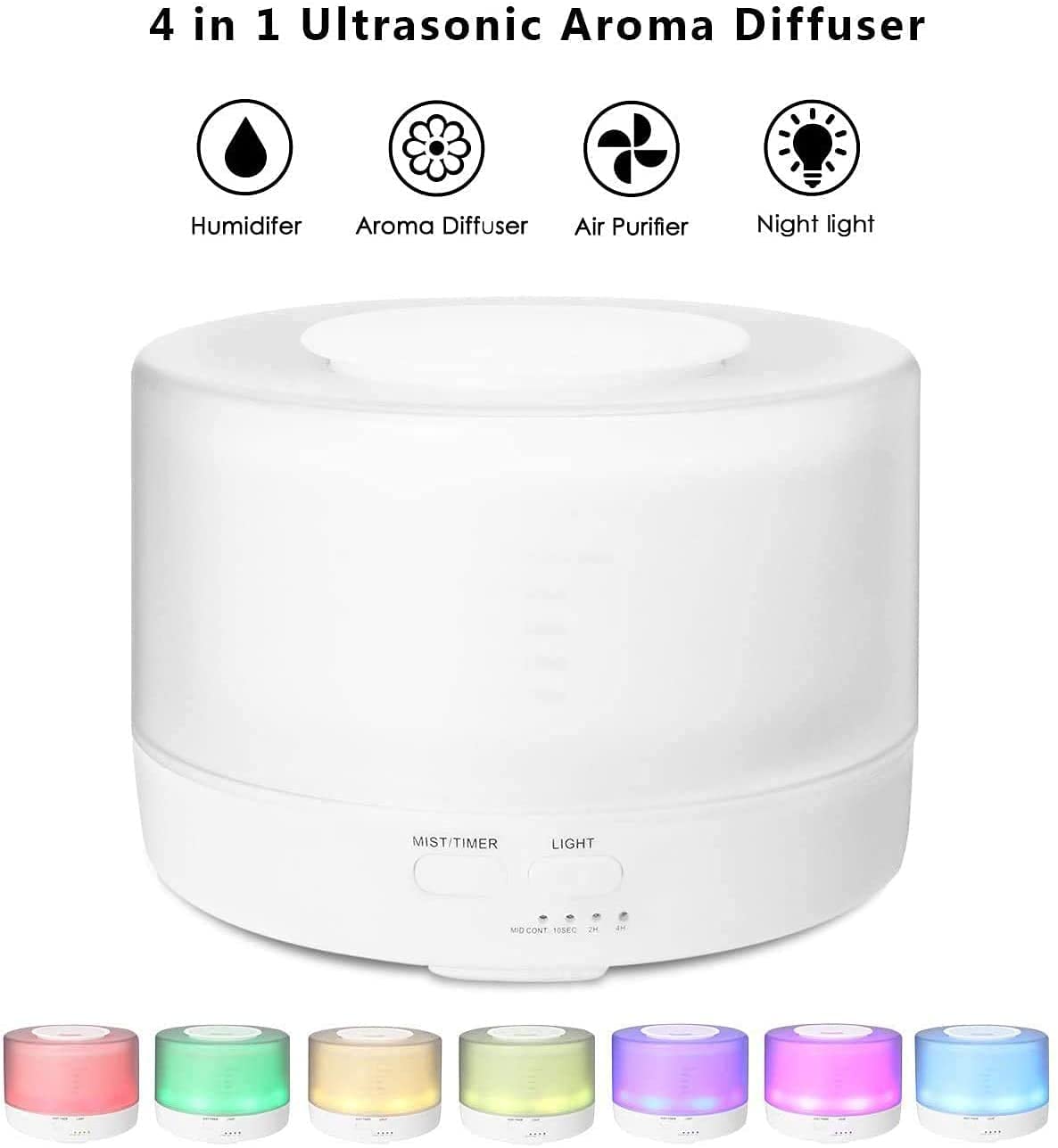 Aromatherapy diffuser with 7 color lights and 4 timer, 500ml, cool mist humidifier with auto shut-off function, ultrasonic oil diffuser bpa-free for home office