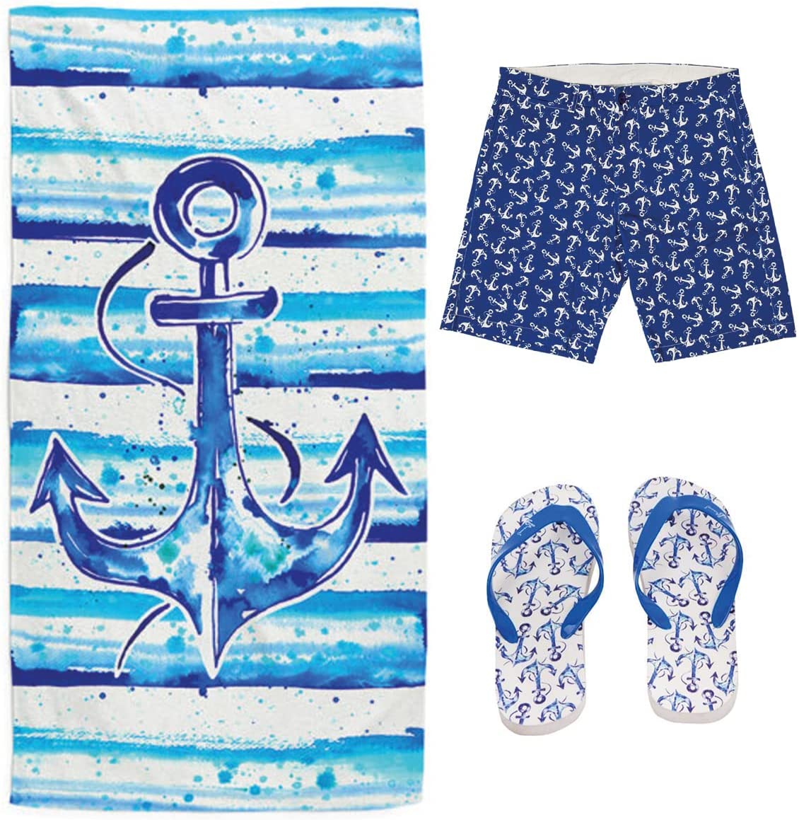 Anchor design beach towel   anchor design mid-rise medium shorts   anchor design 44-45 size flipflop