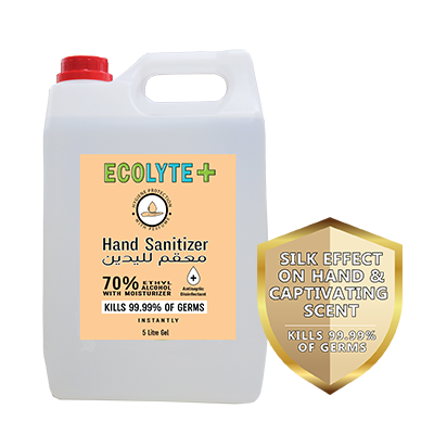 Ecolyte+ 24 hour protection hand sanitizer gel - 99.99% effective against germs -70% alcohol, moisturizer, skin friendly and safe for kids, instant germ-free protection, (5 litre)