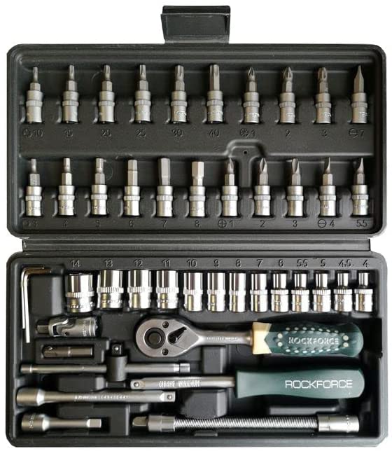 Rockforce automotive tool kit 1/4" for car, bicycle and home 46 pieces ratchet torque wrench extension bar drill bits in set case