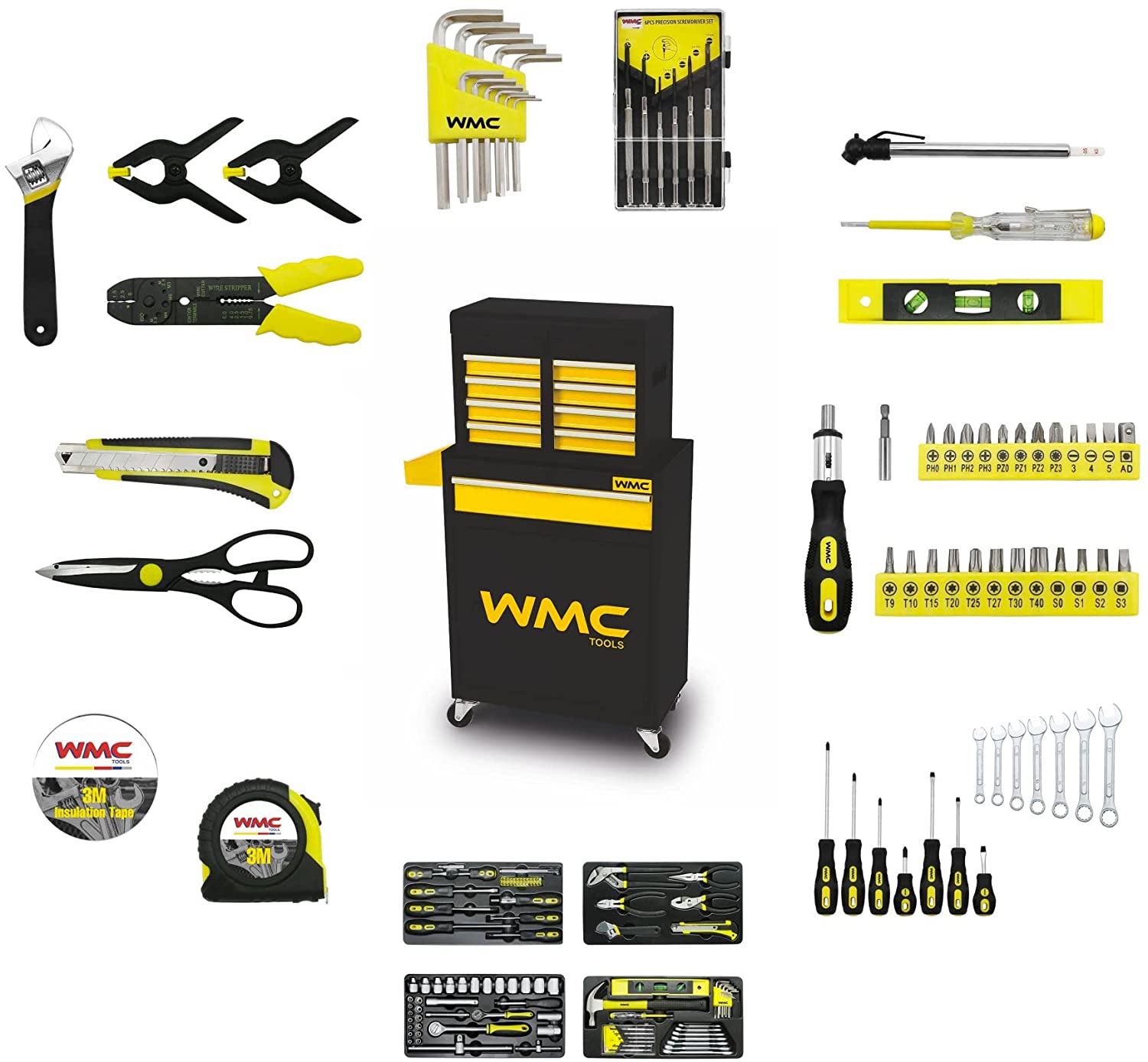 Wmc garage drawer roller cabinet مع مجموعة أدوات من 257 أداة ، عربة لتخزين الأدوات اليدوية وتأمينها