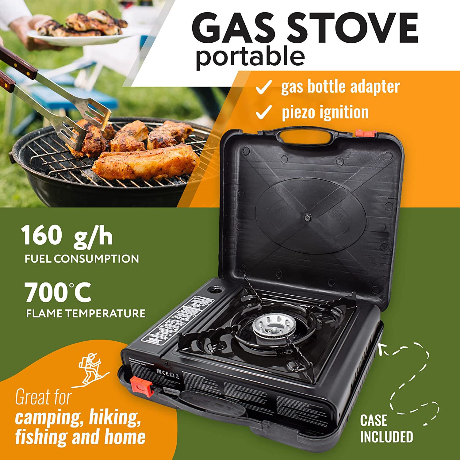 Wmc tools portable lightweight gas stove with case for camping hiking and home with piezo ignitio