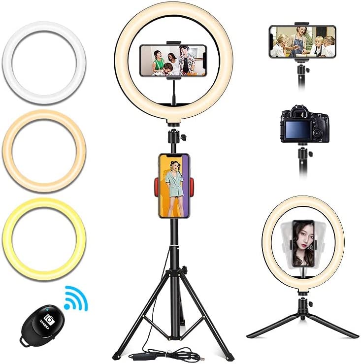 Ring light with tripod stand 134cm adjustable with, bt remote control,10.2 inch selfie ring lights with 3 color settings for makeup, live streaming, youtube, 180° ball joint, mini tripod and more