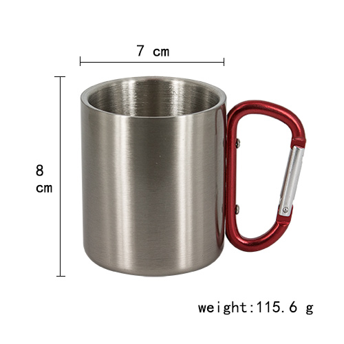 8oz silver stainless steel mug with red carabineer handle