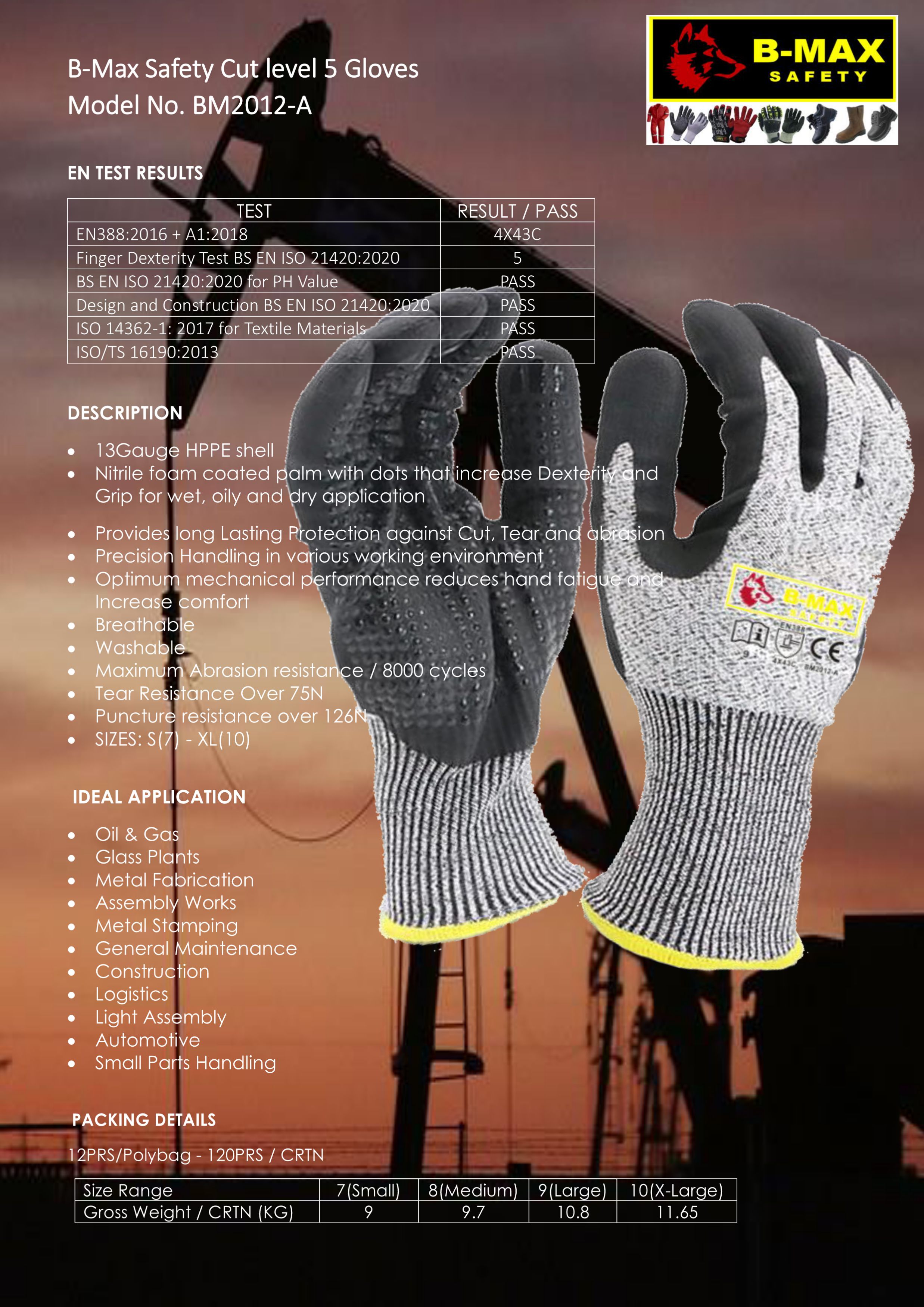 Cut level 5 Gloves Model No. BM2012-A,Brand:B-Max Safety