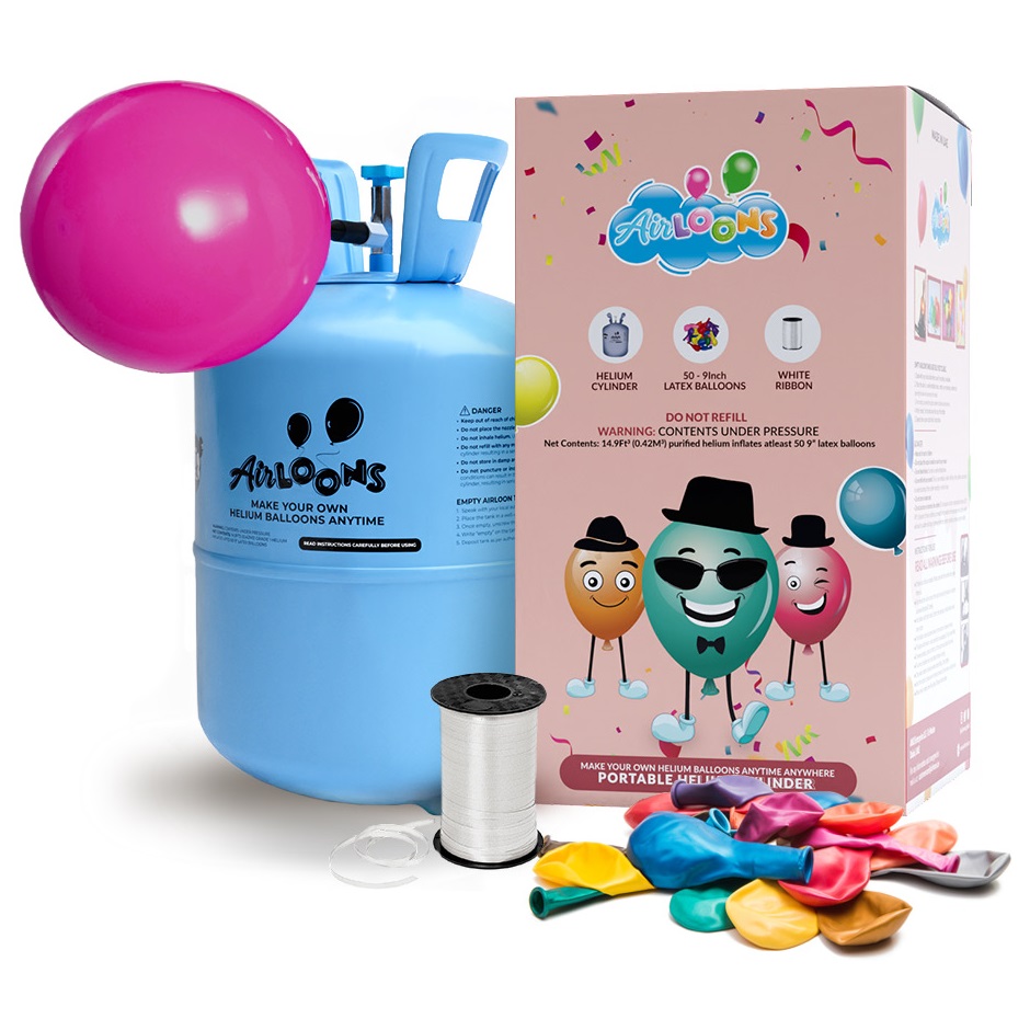 Airloons portable helium balloon kit (helium tank with multicolor 12 inch latex balloons) perfect for celebrations, new year, events, anniversary, birthday party (50 balloons)