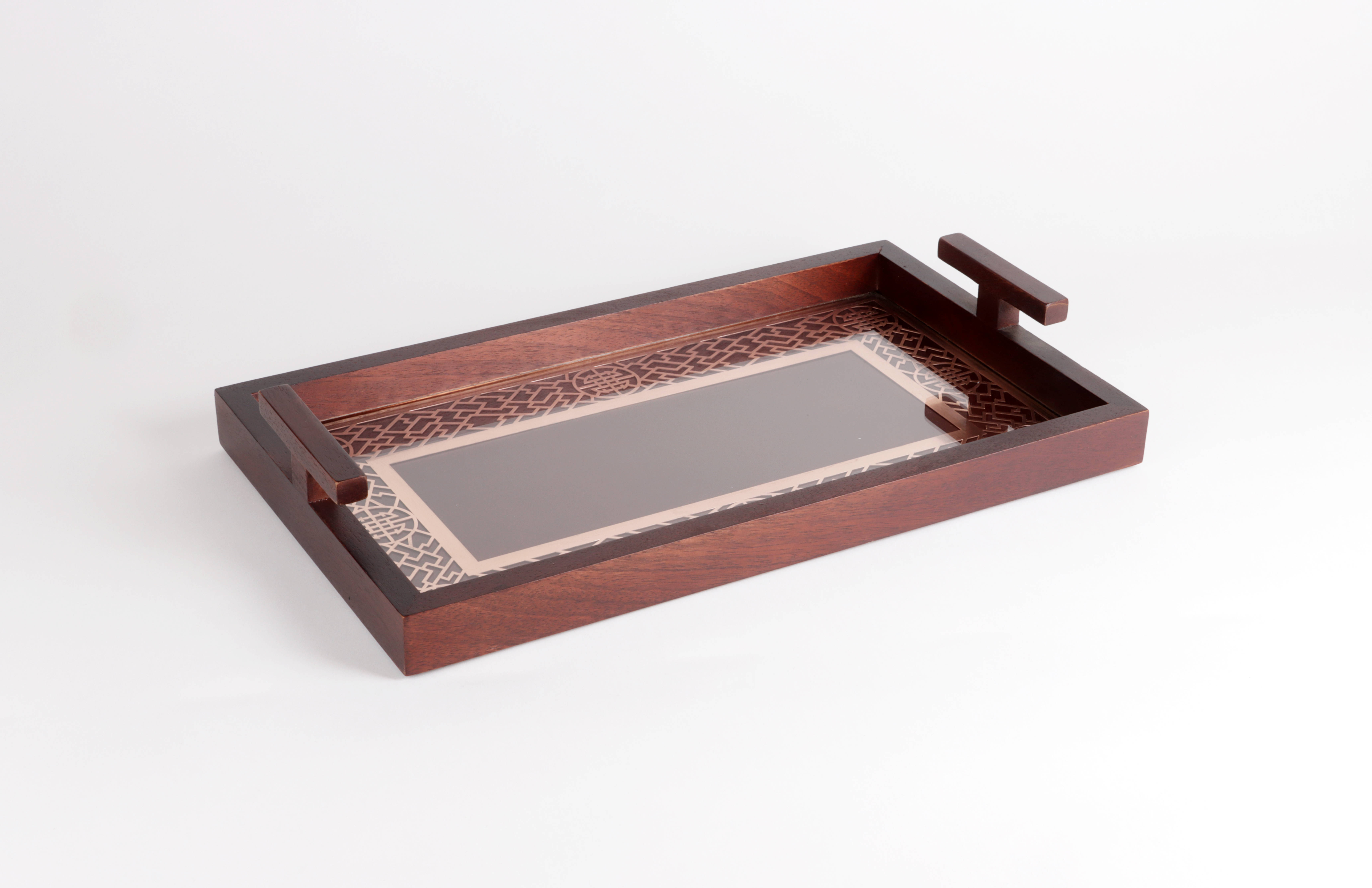 Wooden metal etched tray with clear glass