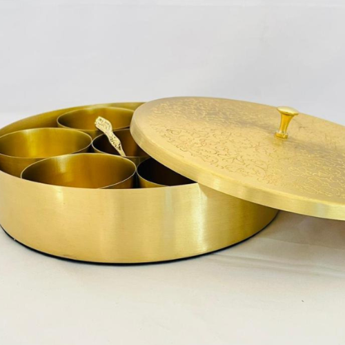 Indian style floral etched brass masala box wholesalers from india home kitchen masala & condiment box material brass spice box