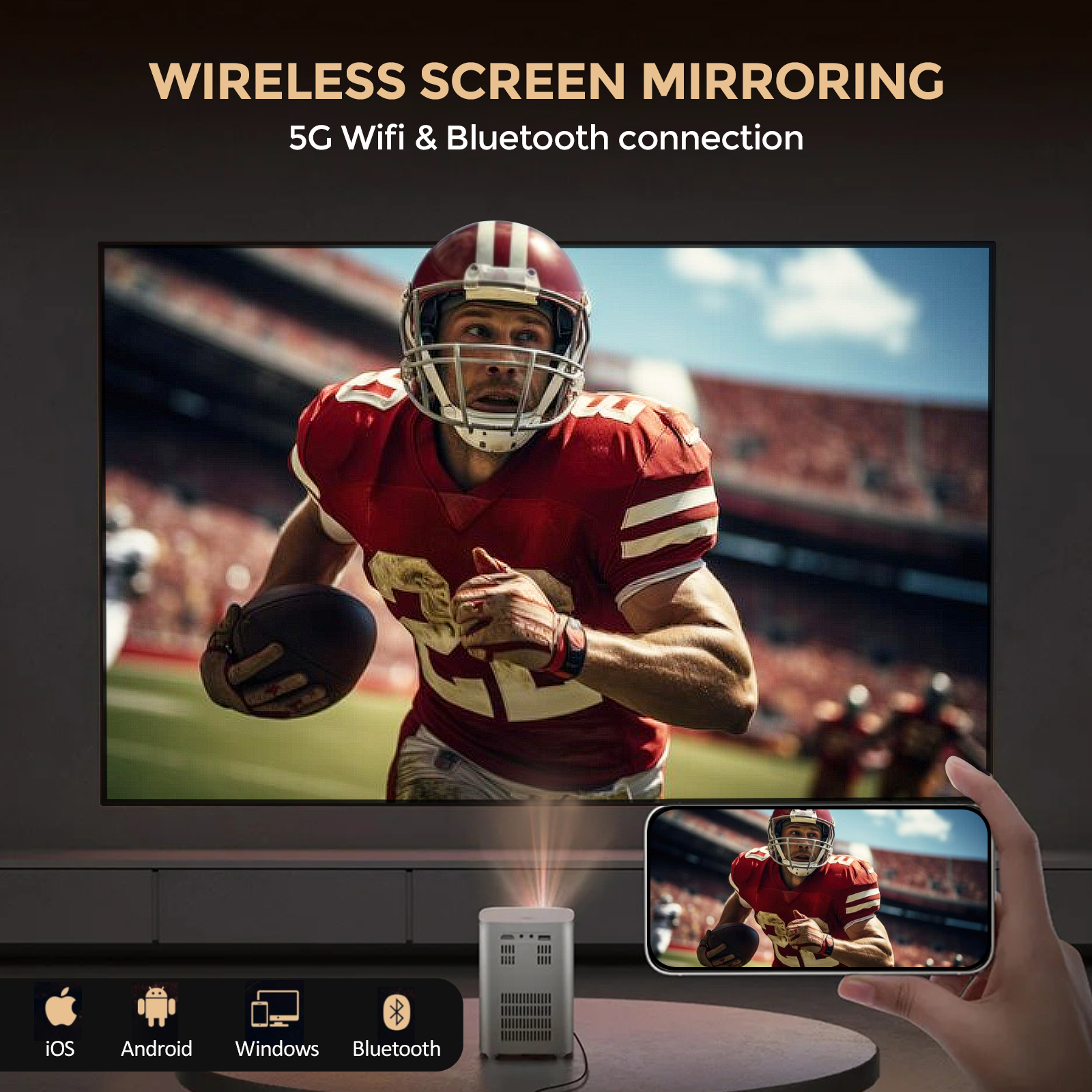 WOWNECT WP83 Smart Mini Android Projector 5500 Lumens with 150&#34; Display Built-in Dual Hi-Fi Speakers Supported 1080P (60FPS) Portable Projector 4K_5