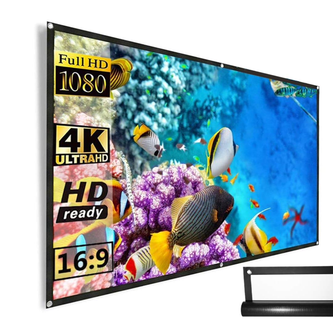 شاشة عرض WOWNECT 4K 62/72/84/100/120/150 بوصة لفة شاشة عرض 16:9 من القماش PVC قابلة للدوران بدقة عالية كاملة للأفلام الخارجية والعروض التقديمية المكتبية والأفلام ثلاثية الأبعاد والرياضة