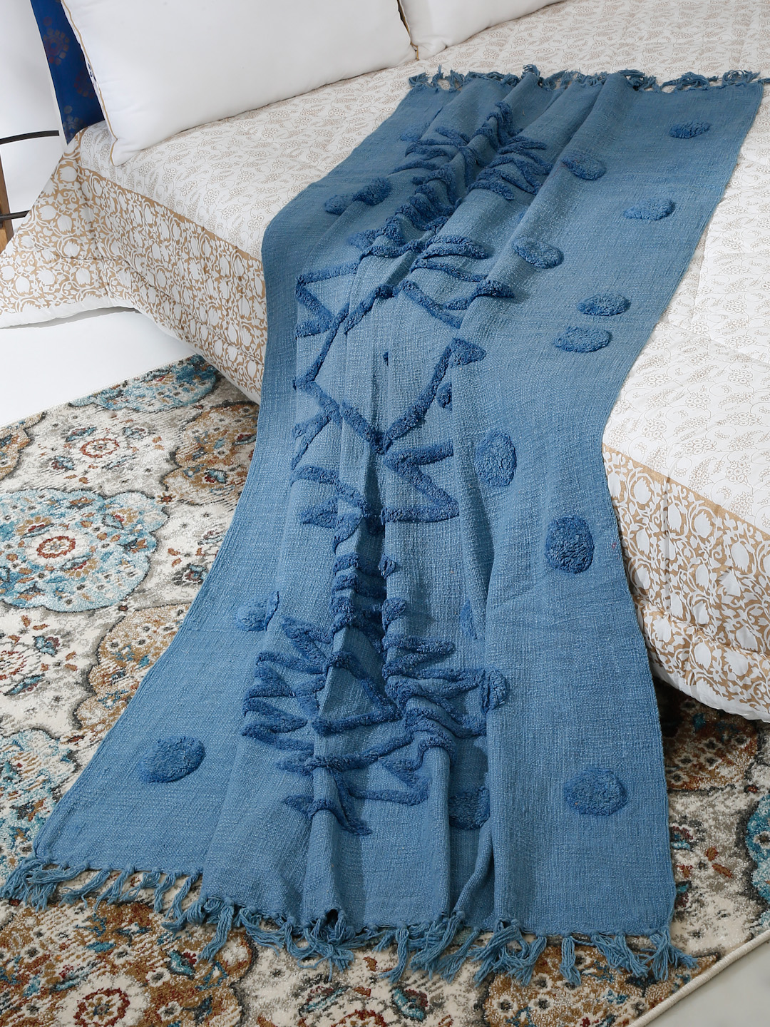 Blue Color Tufted Throw Blanket |  Handmade Cotton Blanket | Throw Blanket for every Room | Home Decor Throw Blanket | Gift For Mom_2