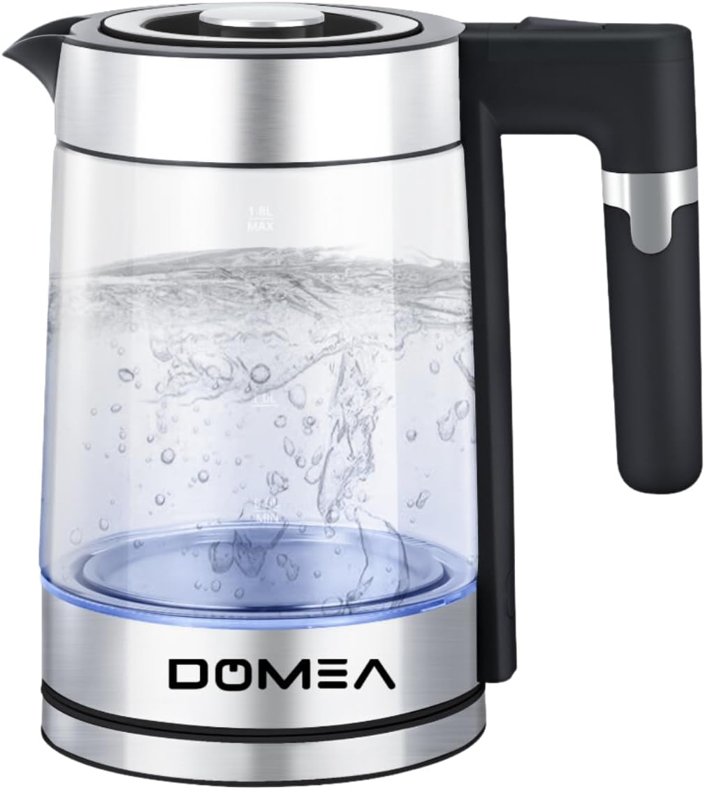 Domea electric glass kettle, 1.8 litre, 360° rotational cordless electric jug with detachable power base, led illumination, auto cut-off function, 1500 w, for home & office, 2 year warranty