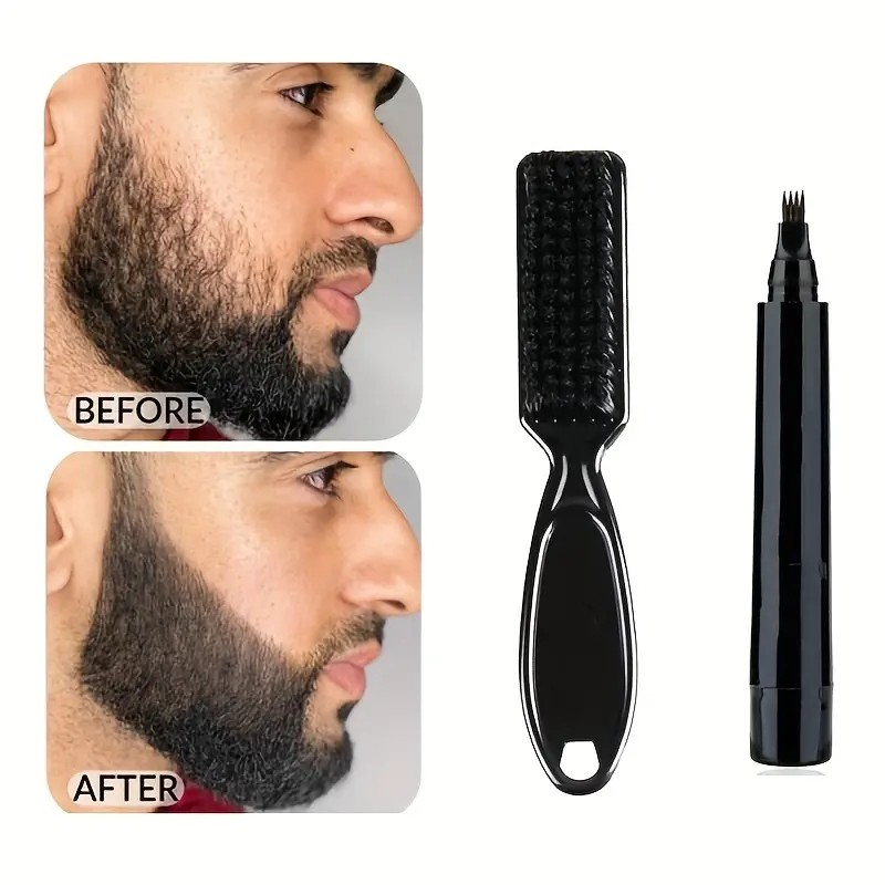 Beard pen beard filler pencil and brush beard enhancer waterproof moustache coloring shaping tools (black)