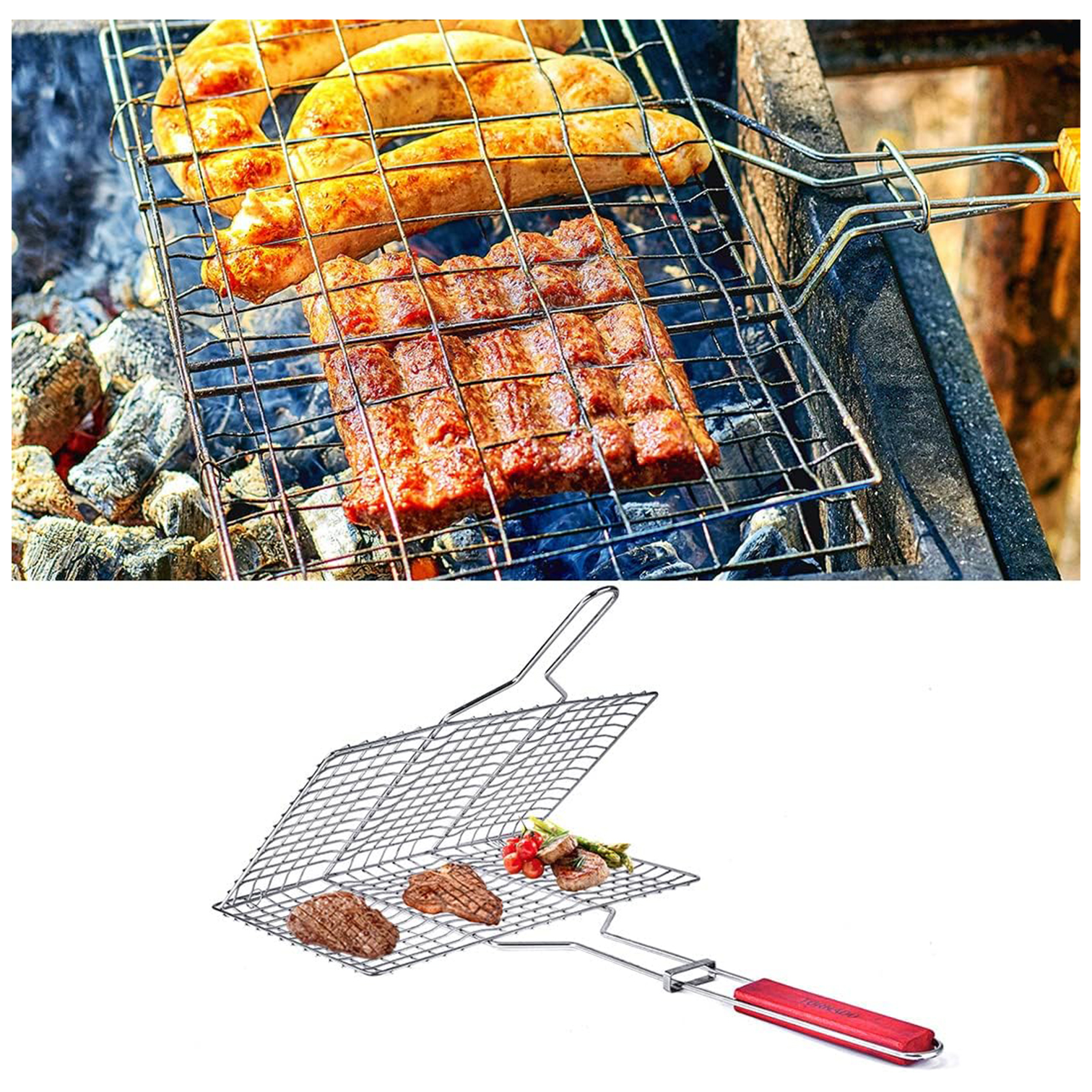 Mild Steel Portable Barbecue BBQ Grill Net Basket Roast Grilling Tray Plated with Wooden Handle