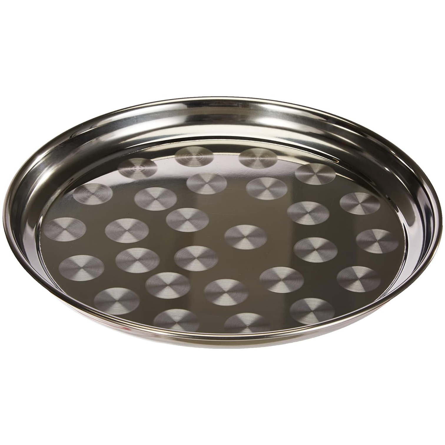 Stainless steel round tray with swirl pattern, serving/display tray