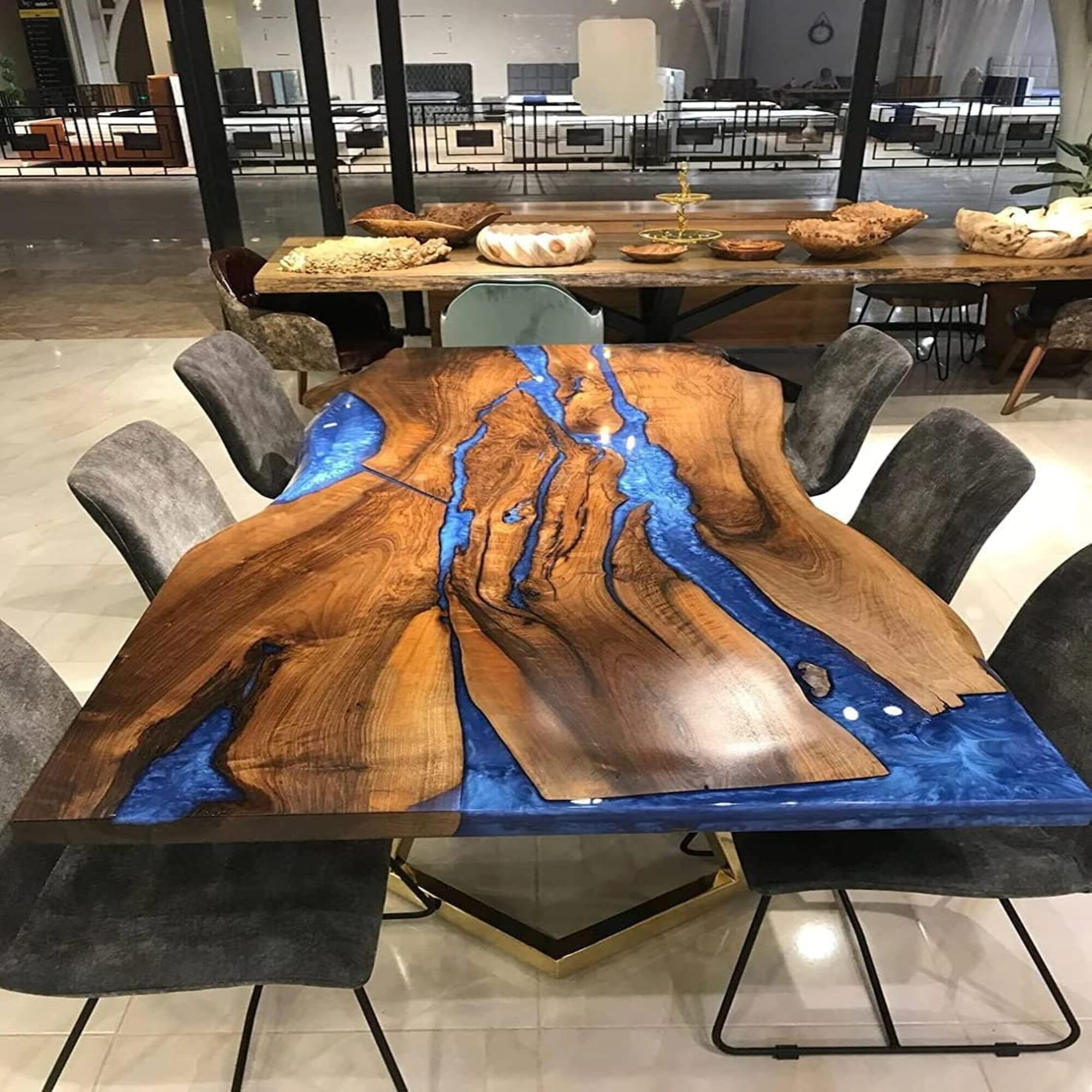 Smooth finished blue multi river epoxy dining table resin table coffee table living room table kitchen table conference table wooden table console table patio table bar counter table