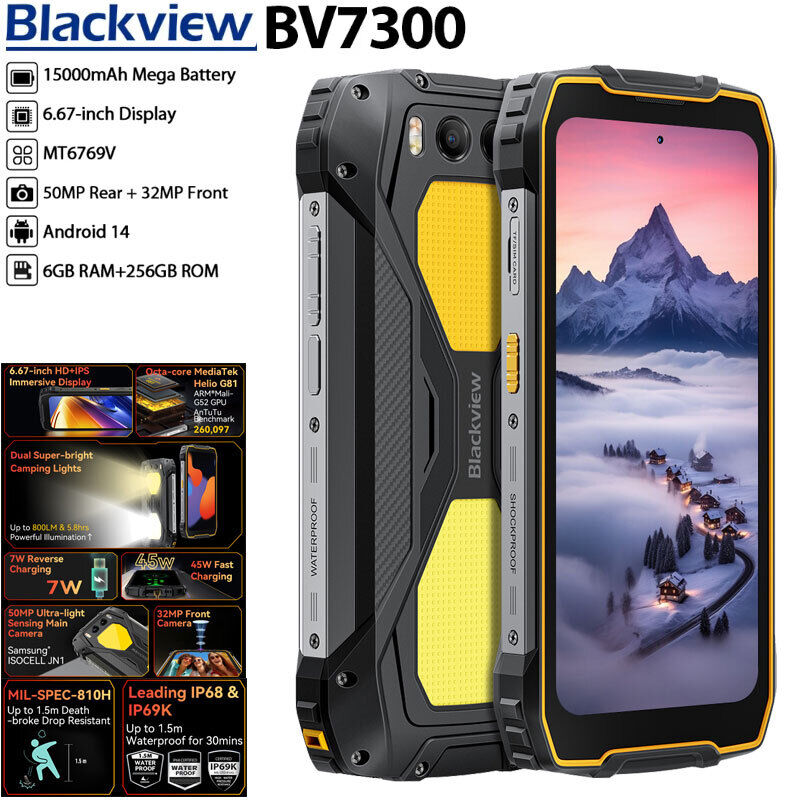 Blackview BV7300 Rugged Phone 2025(Dual 800LM Camping Lights), 18GB 256GB/SD 2TB, Android 14 Gaming Phone, 15000mAh 45W Rugged Smartphone, 50MP 30MP Night Vision Camera, NFC/Fingerprint/Dual SIM/GPS