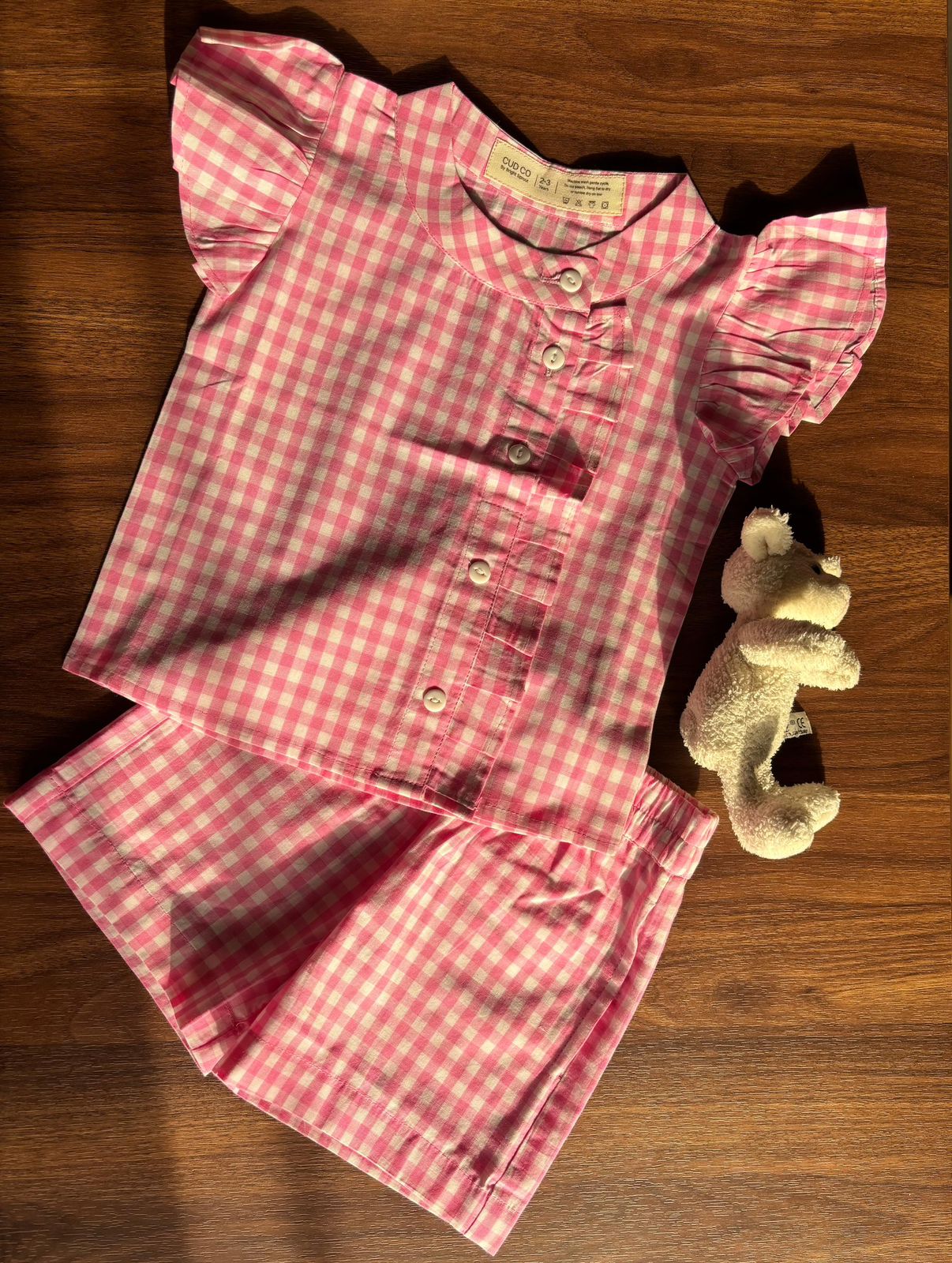 Pink and white gingham shorts with top_2