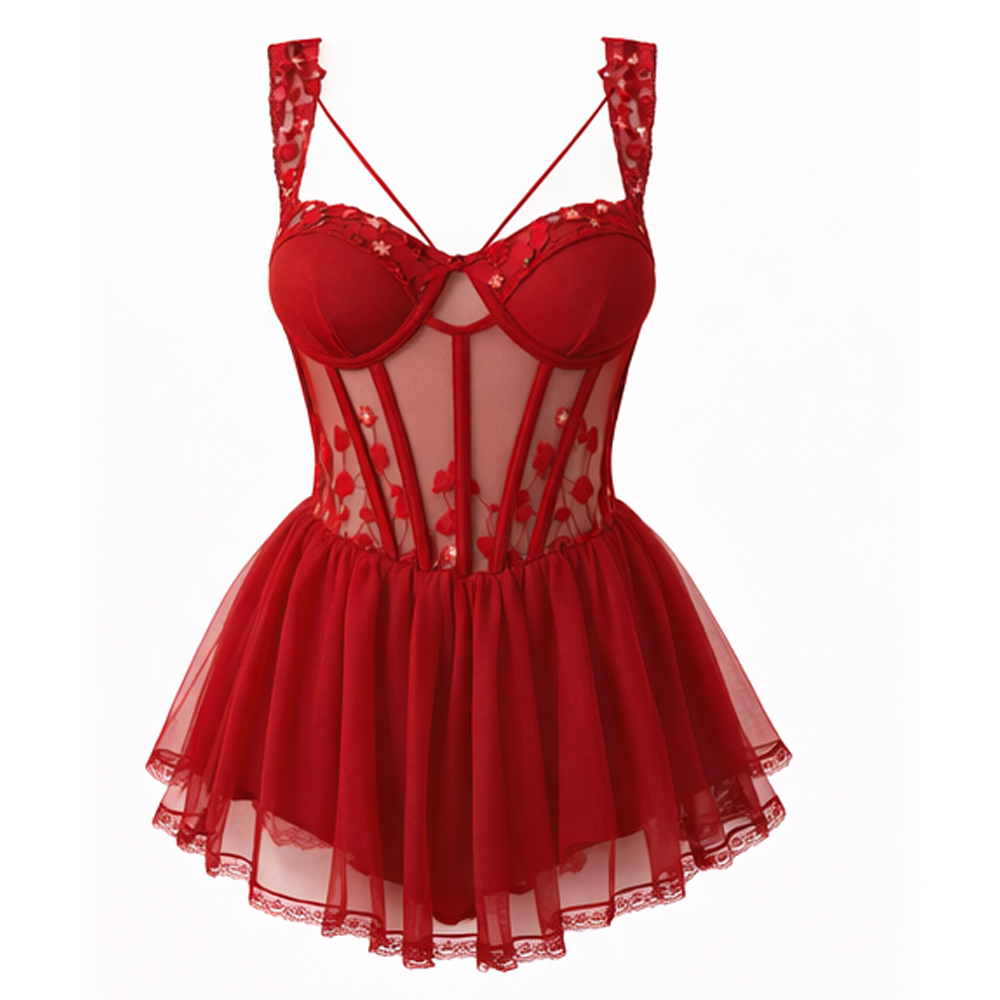 Women sheer babydoll nightwear with floral embroidery – mesh lingerie dress with adjustable straps & lace trim