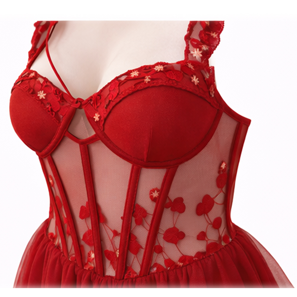 Women Sheer Babydoll Nightwear with Floral Embroidery – Mesh Lingerie Dress with Adjustable Straps & Lace Trim_3