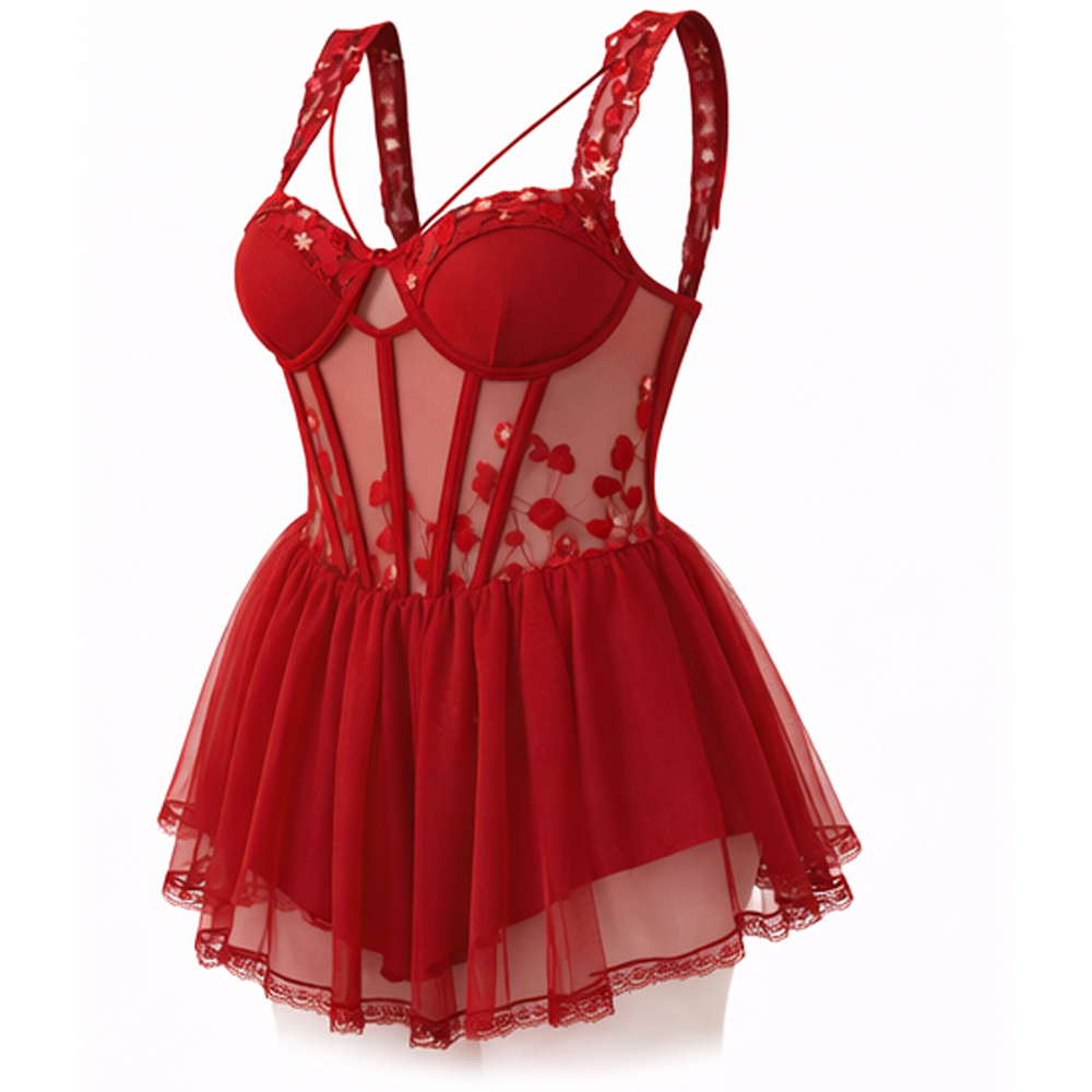 Women Sheer Babydoll Nightwear with Floral Embroidery – Mesh Lingerie Dress with Adjustable Straps & Lace Trim_6