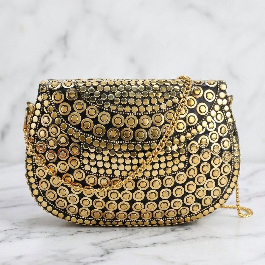 Luxury Black & Gold Studded Evening Clutch with Chain Strap_2