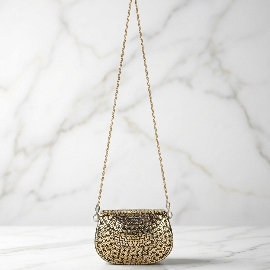 Luxury Black & Gold Studded Evening Clutch with Chain Strap_4