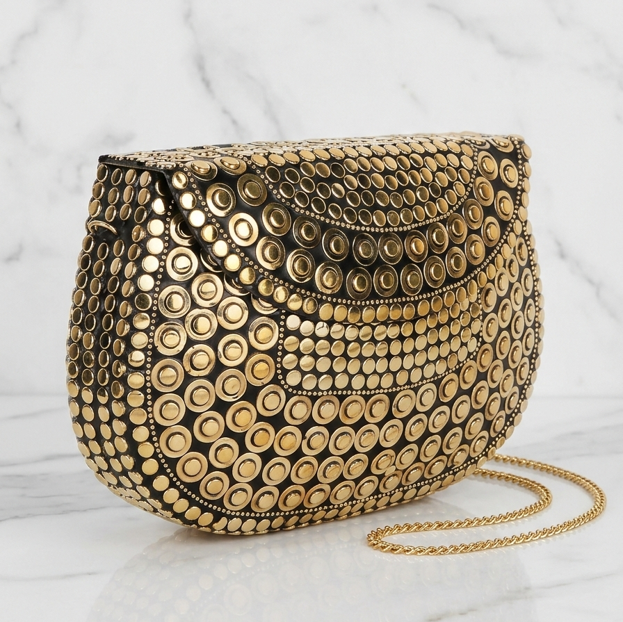 Luxury Black & Gold Studded Evening Clutch with Chain Strap_8