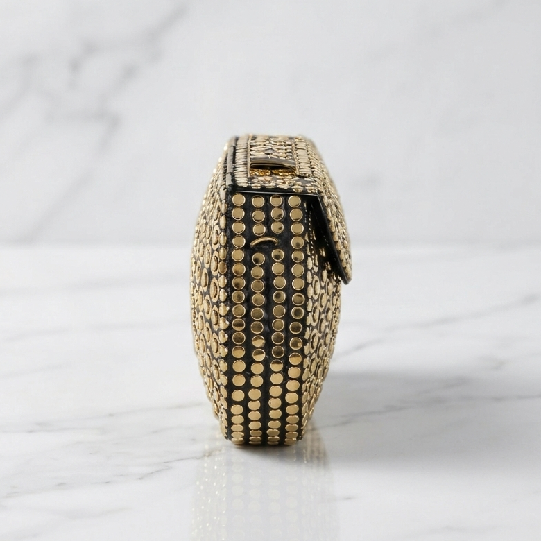 Luxury Black & Gold Studded Evening Clutch with Chain Strap_7