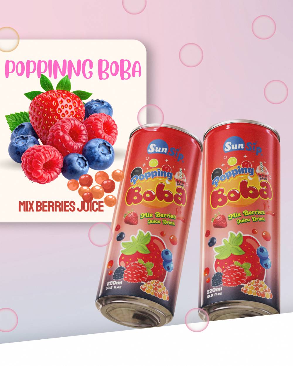330ml SunSip Mix Berries Popping Boba Juice | OEM Bubble Tea Supplier