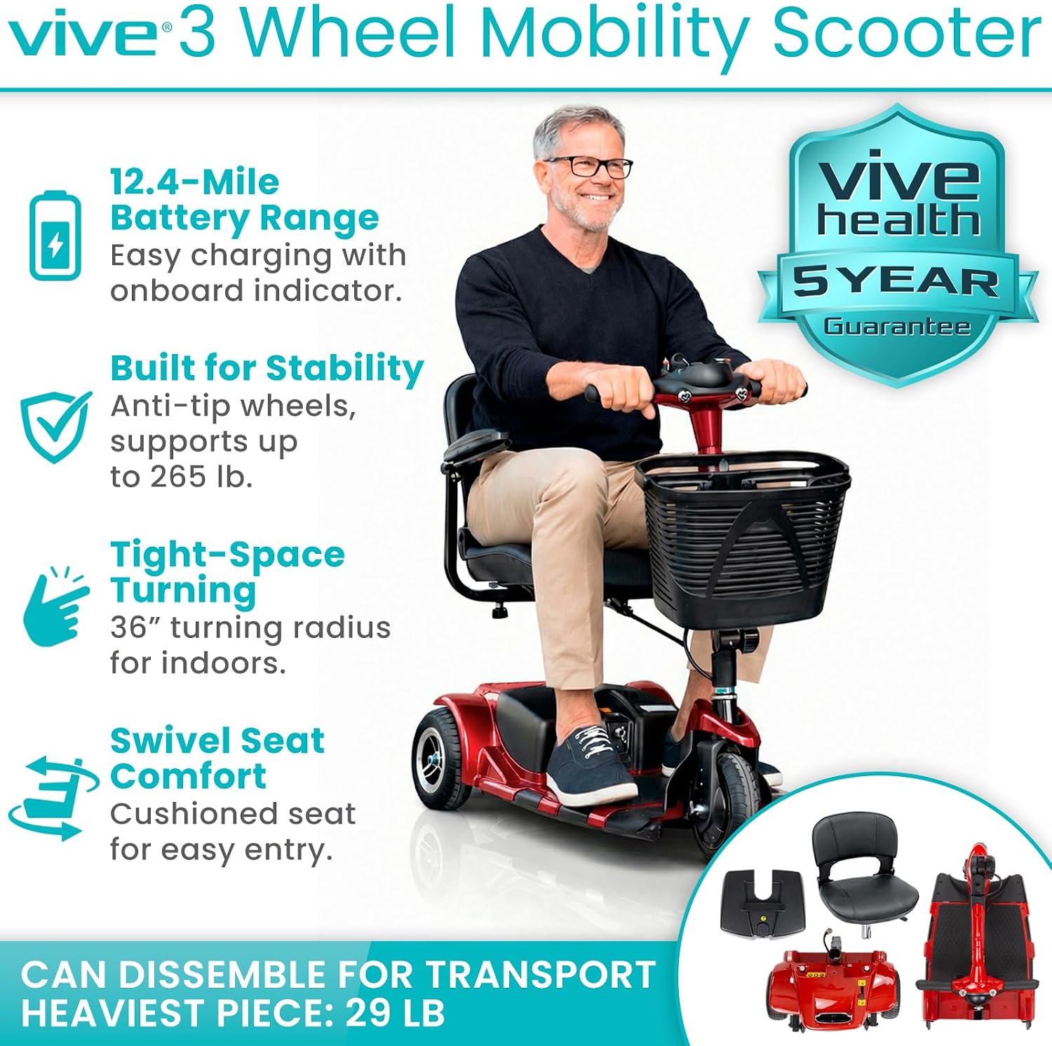Vive 3 Wheel Mobility Scooter Electric Powered Mobile Wheelchair Device_4